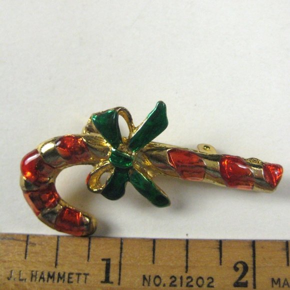 Candy Cane Pin Brooch 2 In Jewelry Christmas Xmas Holiday Bow Red Party Goldtone - Picture 3 of 4